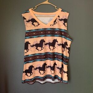 Horse Print Sleeveless Top - Peach and Black 2X
